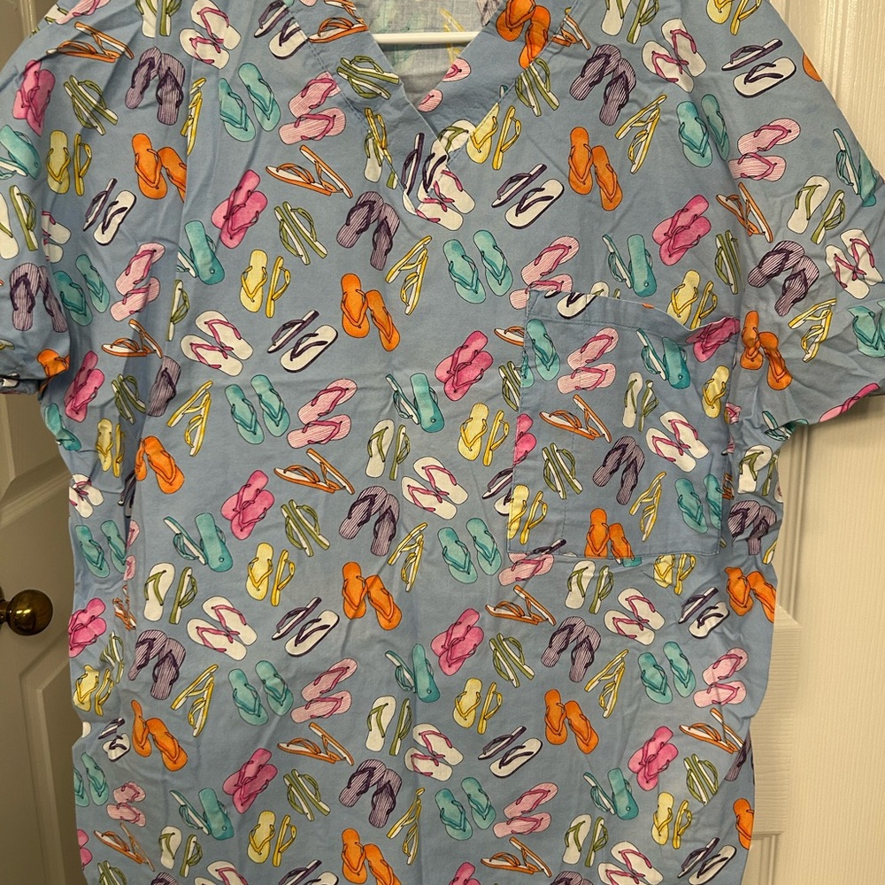 2/$25 on $15 Key West Brand Colorful Flip-Flop Print Women's Scrub Top
